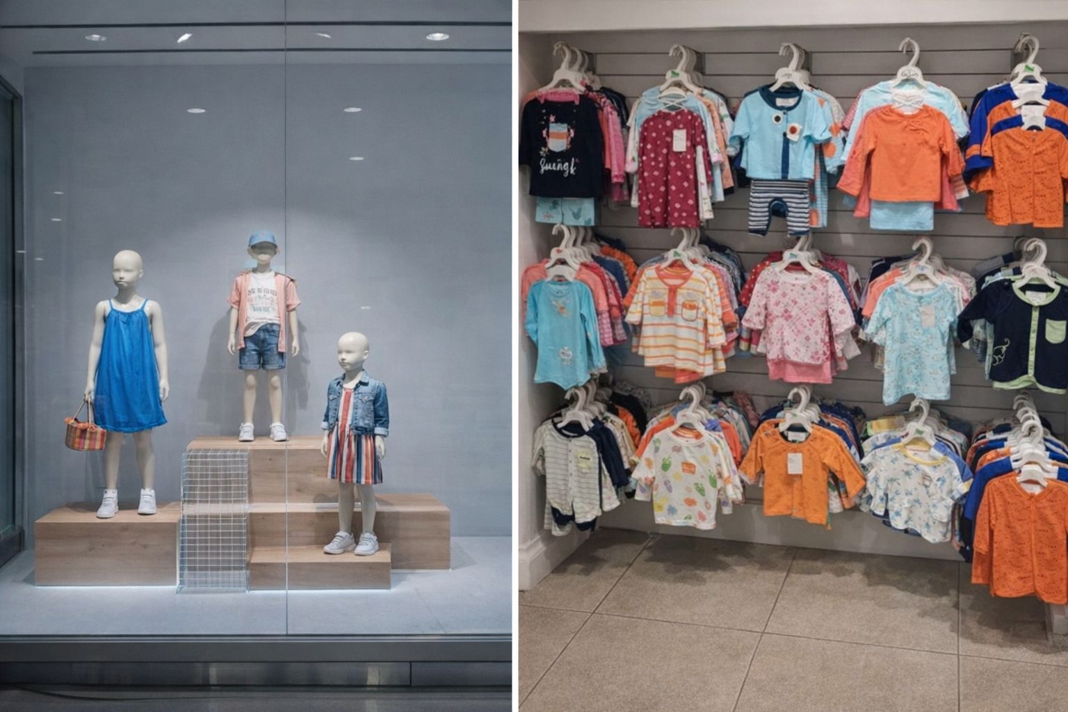 Wystawa sklepu Kids Brand Store z ubraniami dziecięcymi na manekinach i wieszakach.